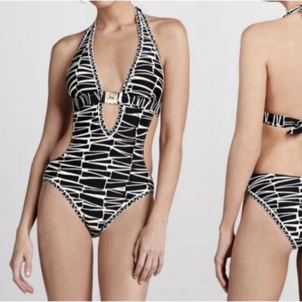Trina Turk Cozumel Zebra Mod Monokini Swimsuit 10 Black Cream Gold $225